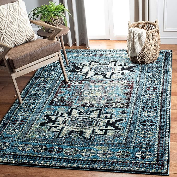 SAFAVIEH Vintage Hamadan Collection Area Rug - 6'7" Square, Light Blue & Black, Traditional Oriental Design, Non-Shedding & Easy Care, Ideal for High Traffic Areas in Living Room, Bedroom (VTH213M)