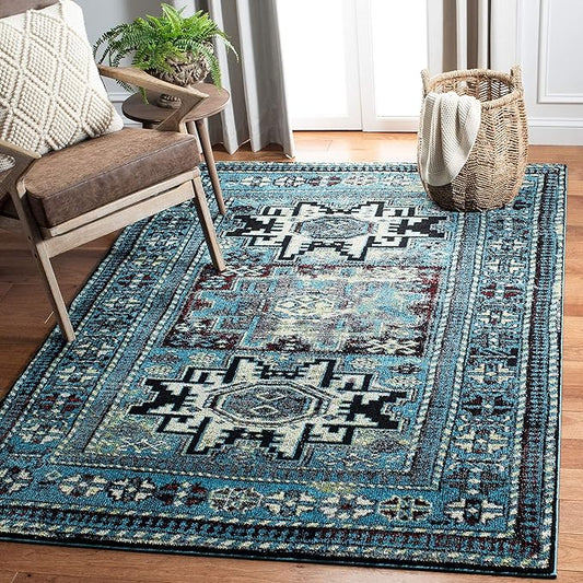 SAFAVIEH Vintage Hamadan Collection Area Rug - 6'7" Square, Light Blue & Black, Traditional Oriental Design, Non-Shedding & Easy Care, Ideal for High Traffic Areas in Living Room, Bedroom (VTH213M)