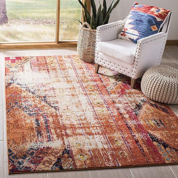 SAFAVIEH Monaco Collection Area Rug - 5'1" x 7'7", Orange & Multi, Boho Chic Tribal Distressed Design, Non-Shedding & Easy Care, Ideal for High Traffic Areas in Living Room, Bedroom (MNC222H)