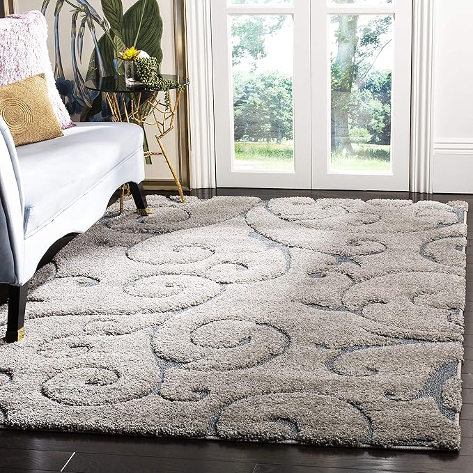 SAFAVIEH Florida Shag Collection Accent Rug - 3'3" x 5'3", Grey & Light Blue, Scroll Design, Non-Shedding & Easy Care, High-Low Plush Pile, Ideal for Living Room, Bedroom, Dining Space (SG455-1160)