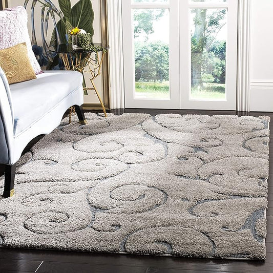 SAFAVIEH Florida Shag Collection Accent Rug - 3'3" x 5'3", Grey & Light Blue, Scroll Design, Non-Shedding & Easy Care, High-Low Plush Pile, Ideal for Living Room, Bedroom, Dining Space (SG455-1160)