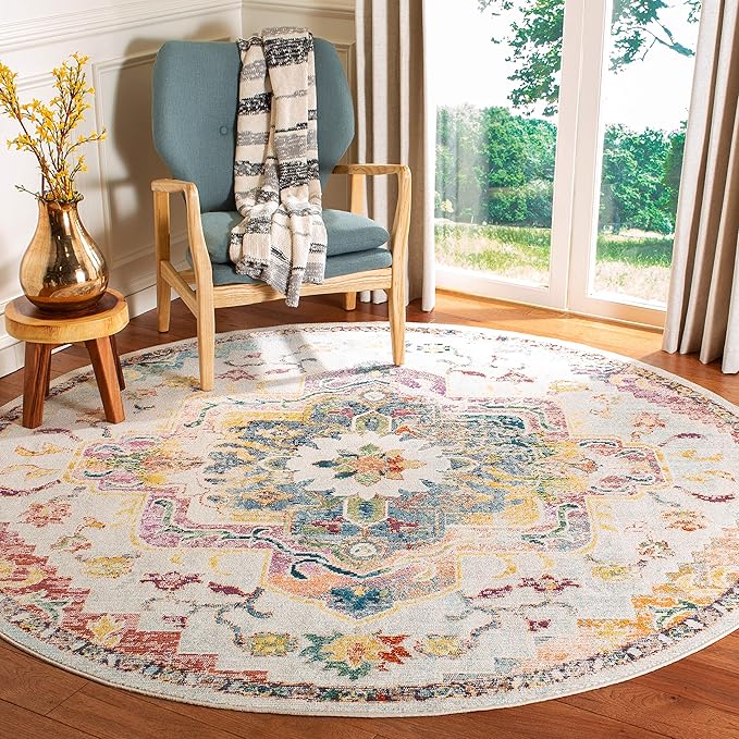 SAFAVIEH Crystal Collection 4' Round Light Blue/Grey CRS501M Boho Chic Oriental Medallion Distressed Non-Shedding Dining Room Entryway Foyer Living Room Bedroom Area Rug