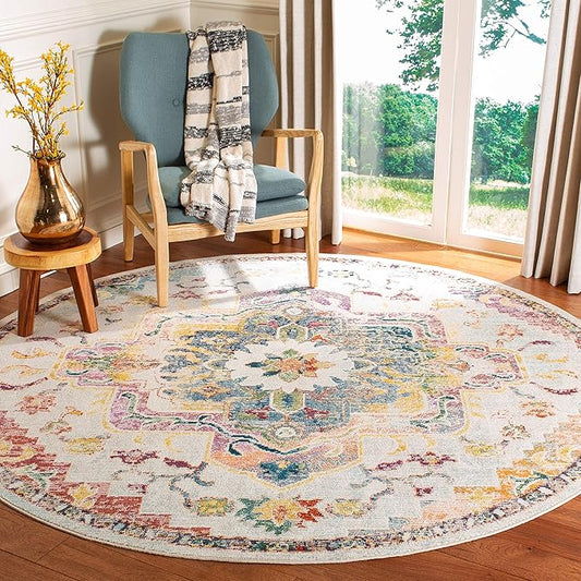 SAFAVIEH Crystal Collection 4' Round Light Blue/Grey CRS501M Boho Chic Oriental Medallion Distressed Non-Shedding Dining Room Entryway Foyer Living Room Bedroom Area Rug