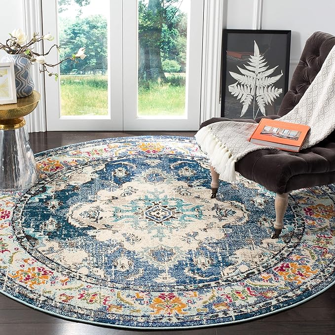 SAFAVIEH Monaco Collection Area Rug - 8'8" Round, Navy & Light Blue, Non-Shedding & Easy to Clean, Distressed Medallion Design, Ideal for Living Room, Bedroom, Dining Space (MNC243N)