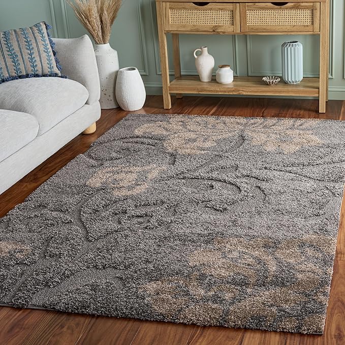 SAFAVIEH Florida Shag Collection Area Rug - 6' x 9', Grey & Beige, Floral Design, Non-Shedding & Easy Care, 1.2-inch Thick Ideal for High Traffic Areas in Living Room, Bedroom (SG458-8013)