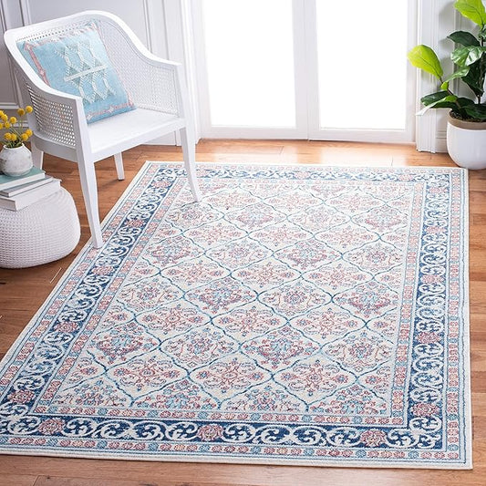SAFAVIEH Brentwood Collection 4' x 6' Beige / Navy BNT870B Oriental Damask Trellis Non-Shedding Living Room Bedroom Accent Rug