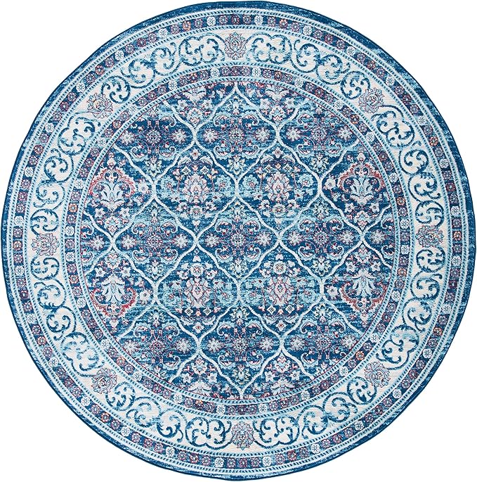 SAFAVIEH Brentwood Collection 6'7" Round Navy / Red BNT870N Oriental Damask Trellis Non-Shedding Dining Room Entryway Foyer Living Room Bedroom Area Rug