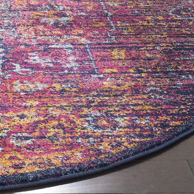 SAFAVIEH Evoke Collection Area Rug - 5'3" Round, Blue & Fuchsia, Oriental Medallion Distressed Design, Non-Shedding & Easy Care, Ideal for High Traffic Areas in Living Room, Bedroom (EVK275F)