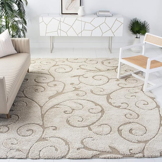 SAFAVIEH Area Rug 11x15 - Florida Shag Collection - Large - Cream & Beige, Scroll Design, Non-Shedding & Easy to Clean, High-Low Plush Pile, Ideal for Living Room, Bedroom, Dining Space (SG455-1113)