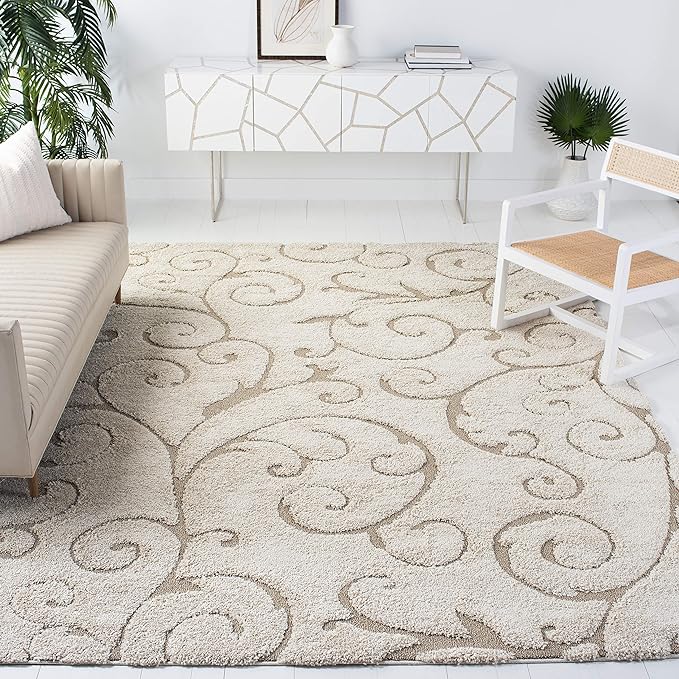 SAFAVIEH Florida Shag Collection Area Rug - 9'6" x 13', Cream & Beige, Scroll Design, Non-Shedding & Easy to Clean, High-Low Plush Pile, Ideal for Living Room, Bedroom, Dining Space (SG455-1113)
