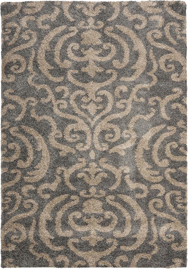 SAFAVIEH Florida Shag Collection Area Rug - 5'3" x 7'6", Grey & Beige, Damask Design, Non-Shedding & Easy Care, 1.2-inch Thick Ideal for High Traffic Areas in Living Room, Bedroom (SG462-8013)