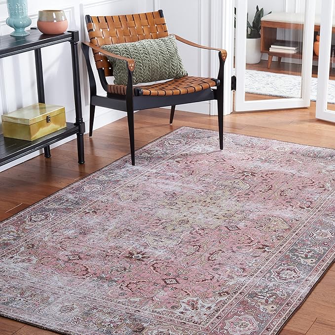 SAFAVIEH Washable Rug Tucson Collection - 4' x 6', Pink & Beige, Slip Resistant & Easy to Clean, Ideal for Foyer, Kitchen, Nursery, Office, Bedroom (TSN144U)