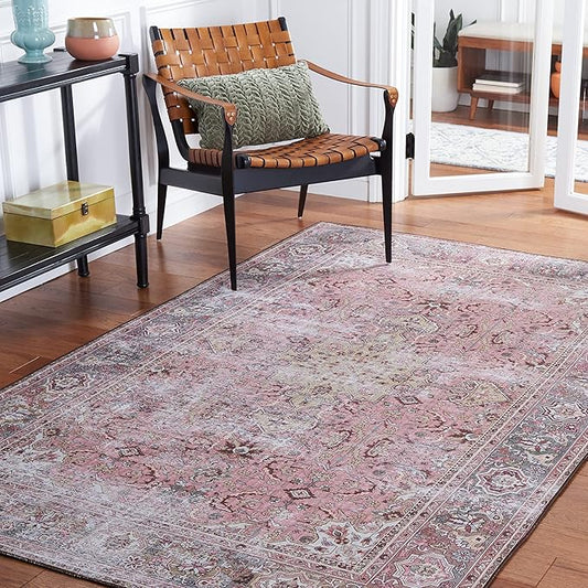 SAFAVIEH Washable Rug Tucson Collection - 3' x 5', Pink & Beige, Slip Resistant & Easy to Clean, Ideal for Foyer, Entryway, Kitchen, Bedroom (TSN144U)