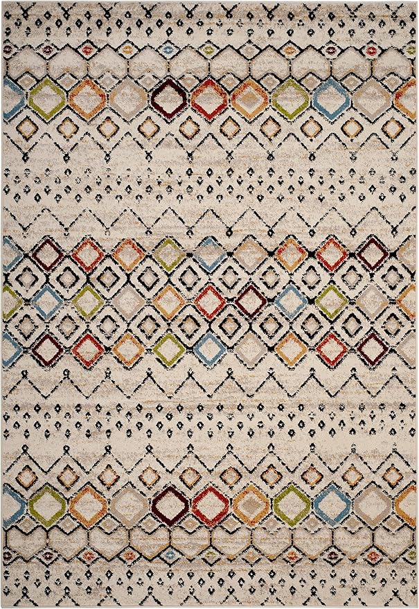 SAFAVIEH Amsterdam Collection Area Rug - 6'7" x 9'2", Ivory & Multi, Moroccan Boho Design, Non-Shedding & Easy Care, Ideal for High Traffic Areas in Living Room, Bedroom (AMS108K)