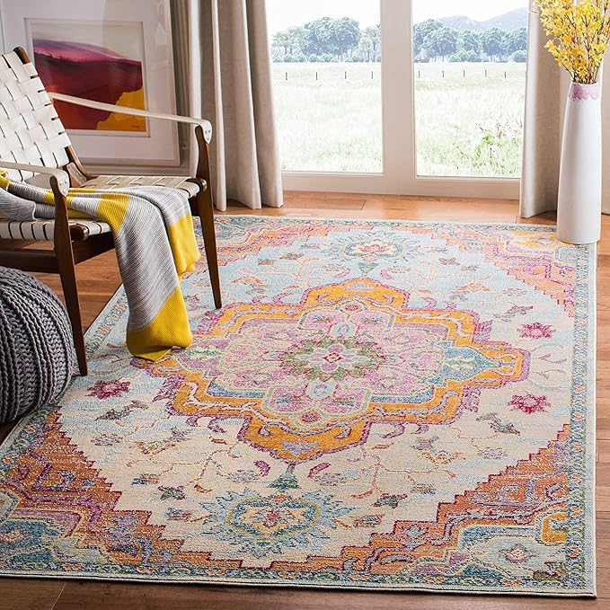 SAFAVIEH Crystal Collection 5' Round Light Blue/Fuchsia CRS501B Boho Chic Oriental Medallion Distressed Non-Shedding Dining Room Entryway Foyer Living Room Bedroom Area Rug