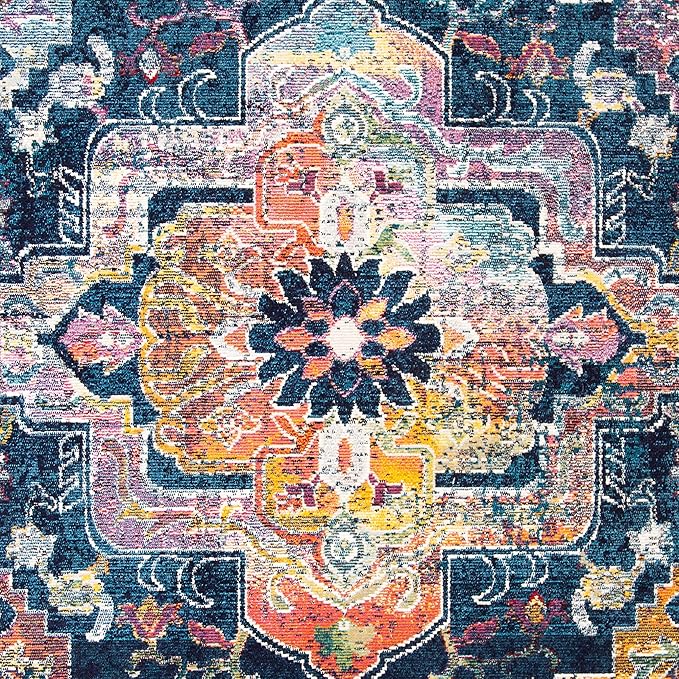 SAFAVIEH Crystal Collection Area Rug - 7' Round, Navy & Fuchsia, Medallion Distressed Design, Non-Shedding & Easy Care, Ideal for High Traffic Areas in Living Room, Bedroom (CRS501H)