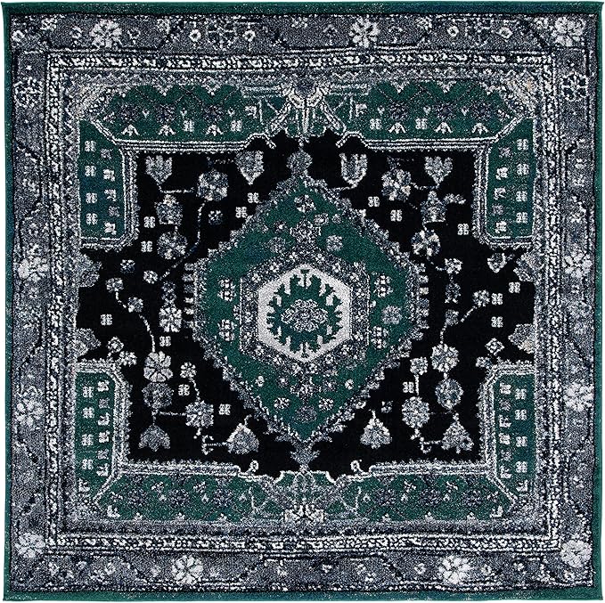 SAFAVIEH Vintage Hamadan Collection Area Rug - 6'7" Square, Green & Black, Traditional Oriental Design, Non-Shedding & Easy Care, Ideal for High Traffic Areas in Living Room, Bedroom (VTH204Y)