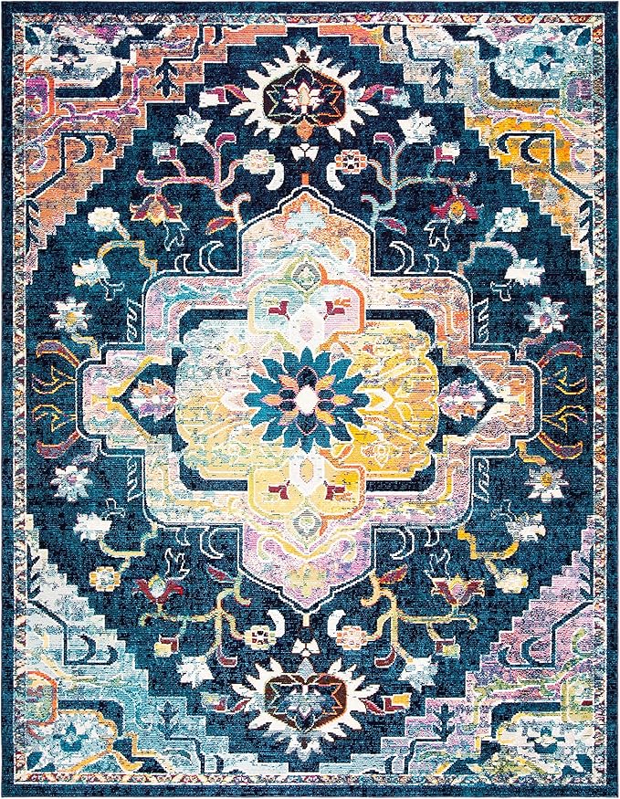 SAFAVIEH Crystal Collection Area Rug - 10' x 14', Navy & Fuchsia, Medallion Distressed Design, Non-Shedding & Easy Care, Ideal for High Traffic Areas in Living Room, Bedroom (CRS501H)