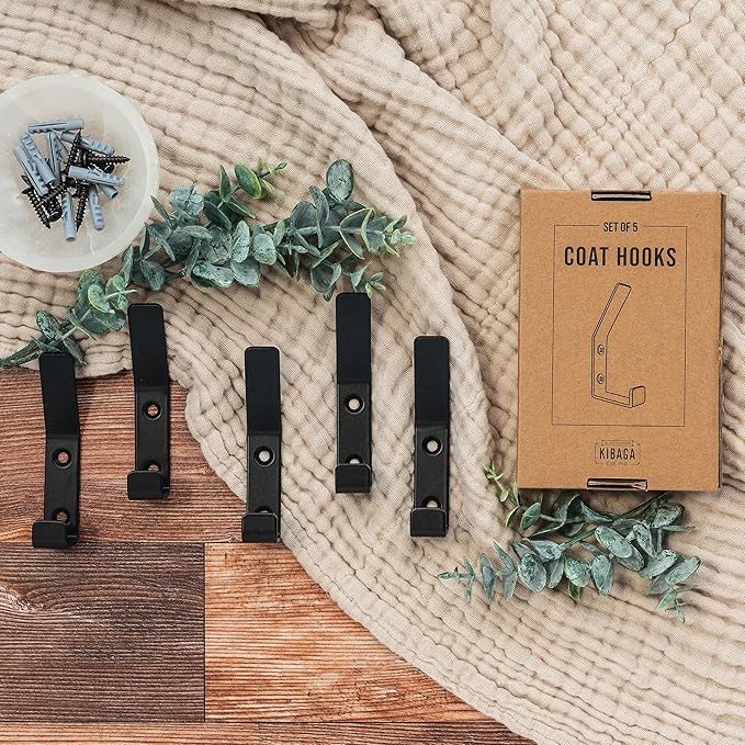Decorative Coat Hooks For Wall Mount Set of 5 - Stylish and Sturdy Black Metal Double Hooks Are Perfect To Hang Your Jackets, Towels Or Hats - A Modern Addition To Any Farmhouse or Minimal Home Decor