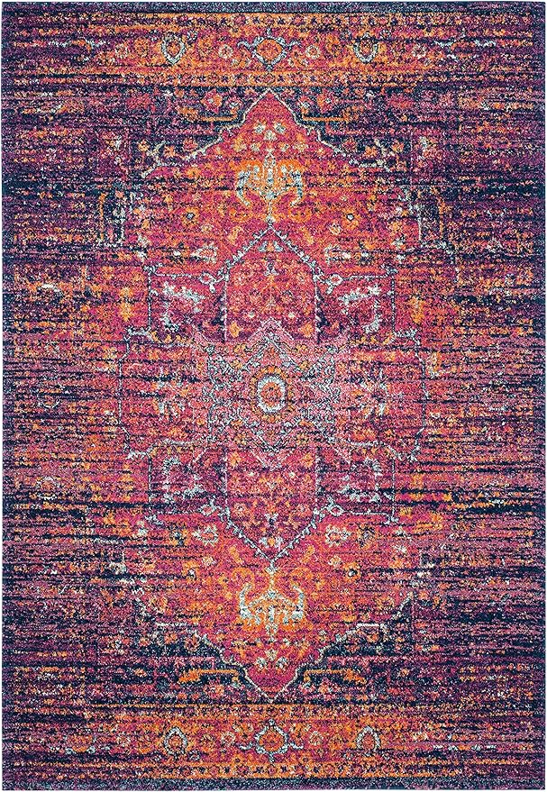 SAFAVIEH Evoke Collection Area Rug - 6'7" x 9', Blue & Fuchsia, Oriental Medallion Distressed Design, Non-Shedding & Easy Care, Ideal for High Traffic Areas in Living Room, Bedroom (EVK275F)