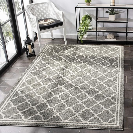 SAFAVIEH Amherst Collection X-Large Area Rug - 12' x 18', Dark Grey & Beige, Moroccan Trellis Design, Non-Shedding & Easy Care, Ideal for High Traffic Areas in Living Room, Bedroom (AMT422R)