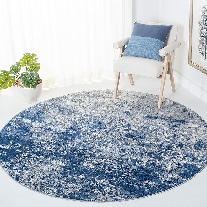 SAFAVIEH Brentwood Collection 8' Round Grey/Navy BNT822G Modern Abstract Non-Shedding Area Rug