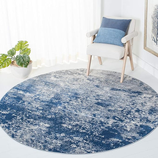 SAFAVIEH Brentwood Collection 3' Round Grey/Navy BNT822G Modern Abstract Non-Shedding Living Room Bedroom Area Rug