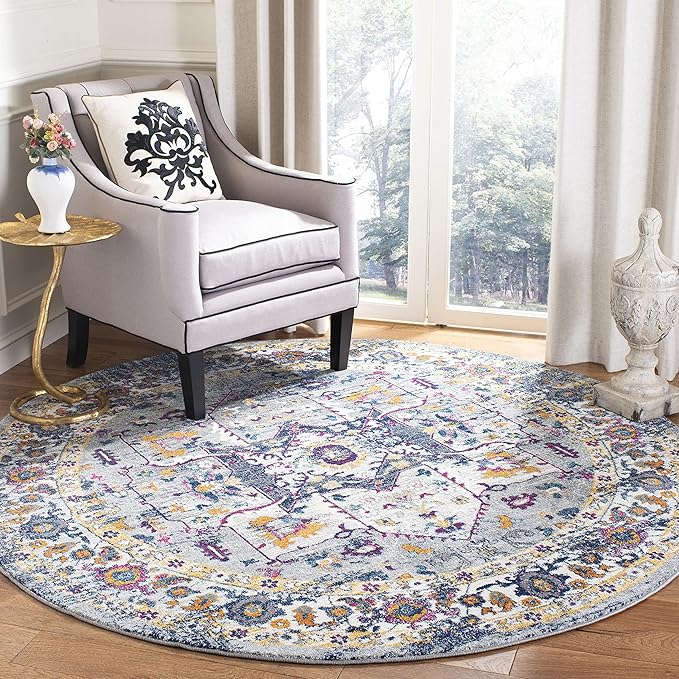 SAFAVIEH Evoke Collection 6'7" Round Grey / Navy EVK275G Oriental Medallion Distressed Non-Shedding Dining Room Entryway Foyer Living Room Bedroom Area Rug