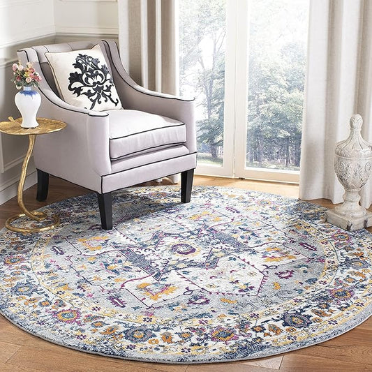 SAFAVIEH Evoke Collection 6'7" Round Grey / Navy EVK275G Oriental Medallion Distressed Non-Shedding Dining Room Entryway Foyer Living Room Bedroom Area Rug