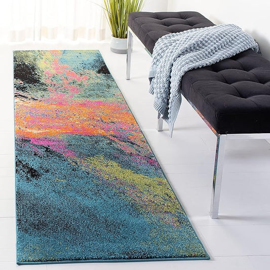 SAFAVIEH Galaxy Collection Runner Rug - 2'3" x 8', Blue & Orange, Modern Abstract Design, Non-Shedding & Easy Care, Ideal for High Traffic Areas in Living Room, Bedroom (GAL117N)