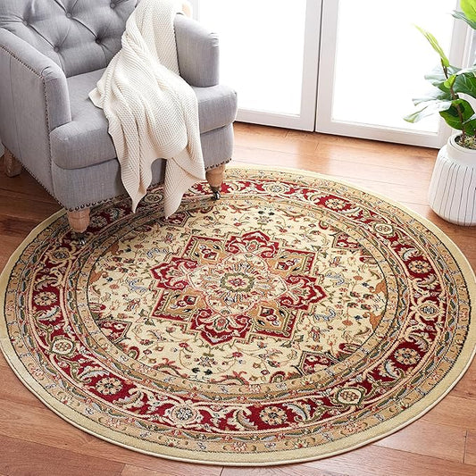 SAFAVIEH Lyndhurst Collection Area Rug - 3'3" Round, Ivory & Red, Traditional Oriental Design, Non-Shedding & Easy Care, Ideal for High Traffic Areas in Living Room, Bedroom (LNH330A)
