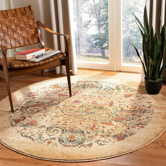 SAFAVIEH Lyndhurst Collection Area Rug - 8' Round, Beige & Multi, Traditional Paisley Design, Non-Shedding & Easy Care, Ideal for High Traffic Areas in Living Room, Bedroom (LNH224A)