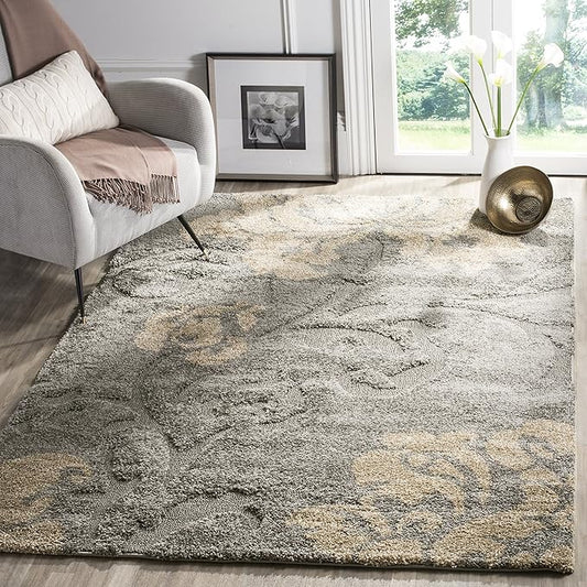SAFAVIEH Florida Shag Collection Accent Rug - 3'3" x 5'3", Grey & Beige, Floral, Non-Shedding & Easy Care, 1.2-inch Thick Ideal for High Traffic Areas in Foyer, Living Room, Bedroom (SG458-8013)
