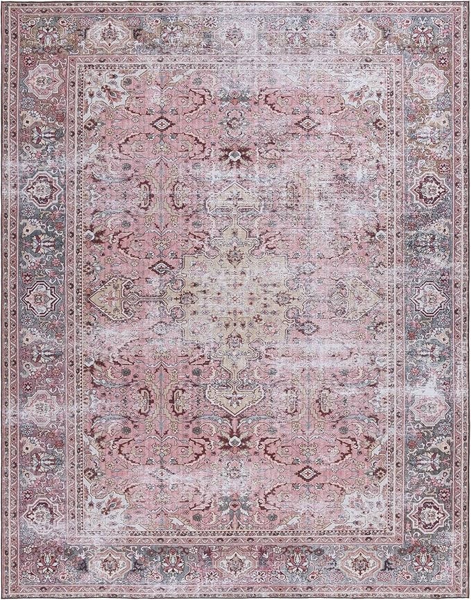 SAFAVIEH Washable Rug Tucson Collection - 10' x 14', Pink & Beige, Slip Resistant & Easy to Clean, Ideal for Living Room, Bedroom, Dining Space (TSN144U)