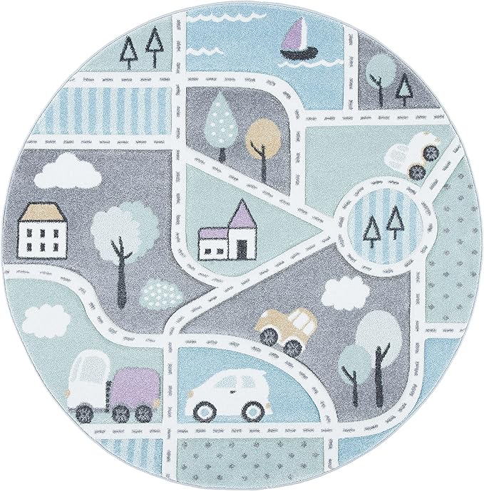 SAFAVIEH Carousel Kids Collection 4' Round Grey/Light Blue CRK193F Neighborhood Non-Shedding Nursery Playroom Area Rug