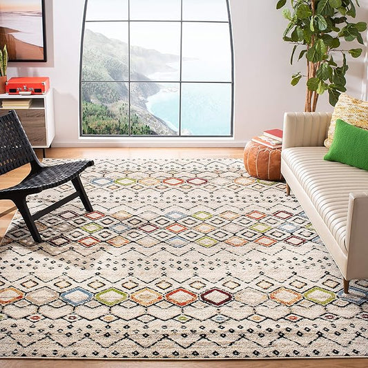 SAFAVIEH Amsterdam Collection Area Rug - 10' x 14', Ivory & Multi, Moroccan Boho Design, Non-Shedding & Easy Care, Ideal for High Traffic Areas in Living Room, Bedroom (AMS108K)