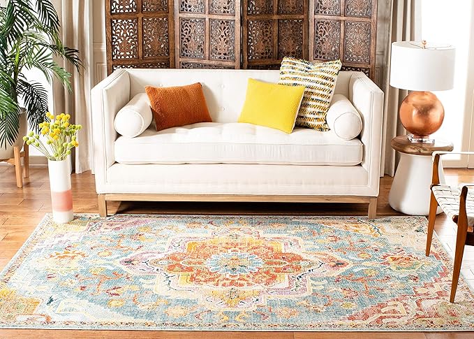 SAFAVIEH Crystal Collection Accent Rug - 4' x 6', Orange & Teal, Medallion Distressed Design, Non-Shedding & Easy Care, Ideal for High Traffic Areas in Entryway, Living Room, Bedroom (CRS501K)
