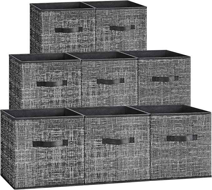 SONGMICS Storage Cubes, 11.8 x 11.8 x 11.8 Inches Non-Woven Fabric Bins with Double Handles, Set of 8, Closet Organizers for Shelves, Foldable, for Clothes, Ink Black UROB830B01
