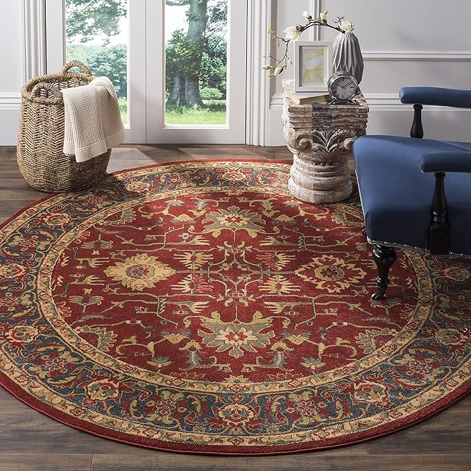 SAFAVIEH Mahal Collection Area Rug - 6'7" Round, Red & Navy, Traditional Oriental Design, Non-Shedding & Easy Care, Ideal for High Traffic Areas in Living Room, Bedroom (MAH693F)