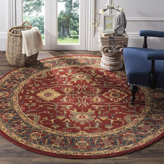 SAFAVIEH Mahal Collection Area Rug - 6'7" Round, Red & Navy, Traditional Oriental Design, Non-Shedding & Easy Care, Ideal for High Traffic Areas in Living Room, Bedroom (MAH693F)