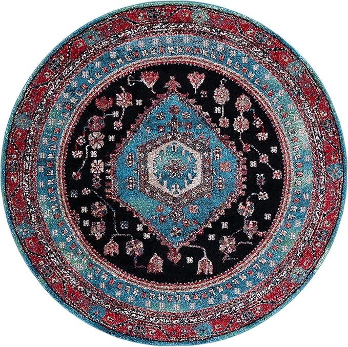 SAFAVIEH Vintage Hamadan Collection 6'7" Round Turquoise/Black VTH204K Traditional Oriental Medallion Non-Shedding Area Rug