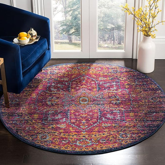 SAFAVIEH Evoke Collection Area Rug - 3' Round, Blue & Fuchsia, Oriental Medallion Distressed Design, Non-Shedding & Easy Care, Ideal for High Traffic Areas in Living Room, Bedroom (EVK275F)
