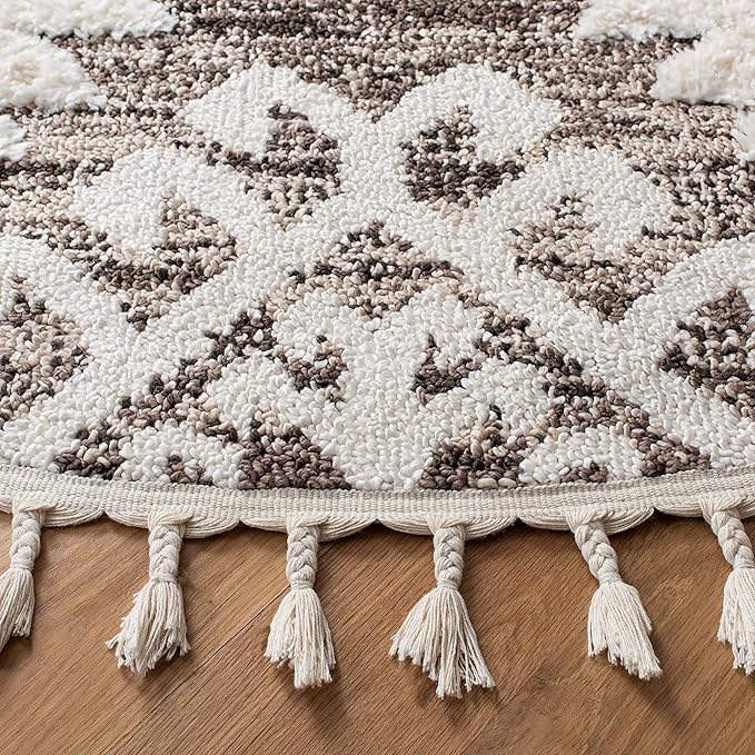 SAFAVIEH Moroccan Tassel Shag Collection Area Rug - 3' Round, Ivory & Brown, Boho Design, Non-Shedding & Easy Care, 2-inch Thick Ideal for High Traffic Areas in Living Room, Bedroom (MTS652A)
