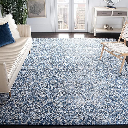 SAFAVIEH Brentwood Collection Area Rug - 9' x 12', Navy & Light Grey, Floral Damask Ogee Trellis Design, Non-Shedding & Easy Care, Ideal for High Traffic Areas in Living Room, Bedroom (BNT860M)