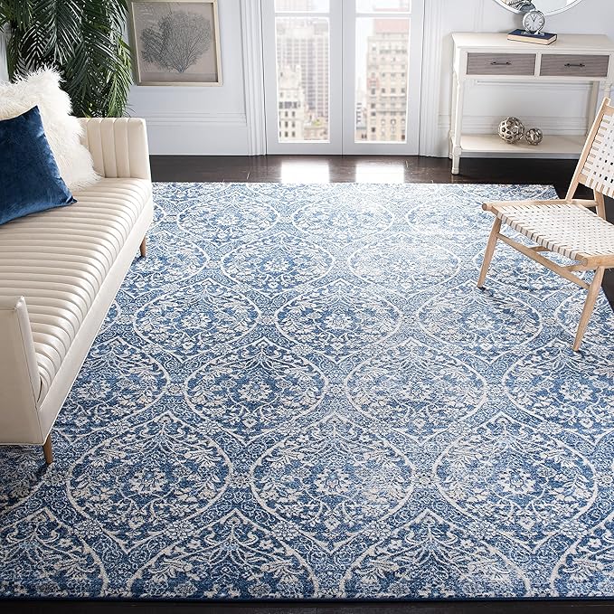 SAFAVIEH Brentwood Collection Area Rug - 10' x 13', Navy & Light Grey, Floral Damask Ogee Trellis Design, Non-Shedding & Easy Care, Ideal for High Traffic Areas in Living Room, Bedroom (BNT860M)