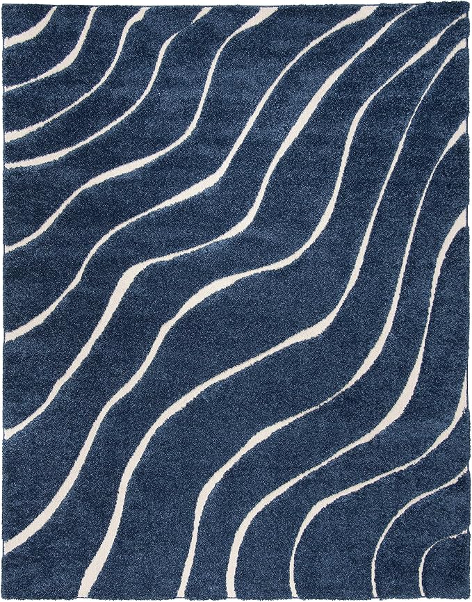 SAFAVIEH Area Rug 8x10 - Florida Shag Collection - Large - Dark Blue & Cream, Non-Shedding & Easy Cleaning, Plush Thick Pile, Ideal for Living Room, Bedroom, Dining Space (SG472-6511)