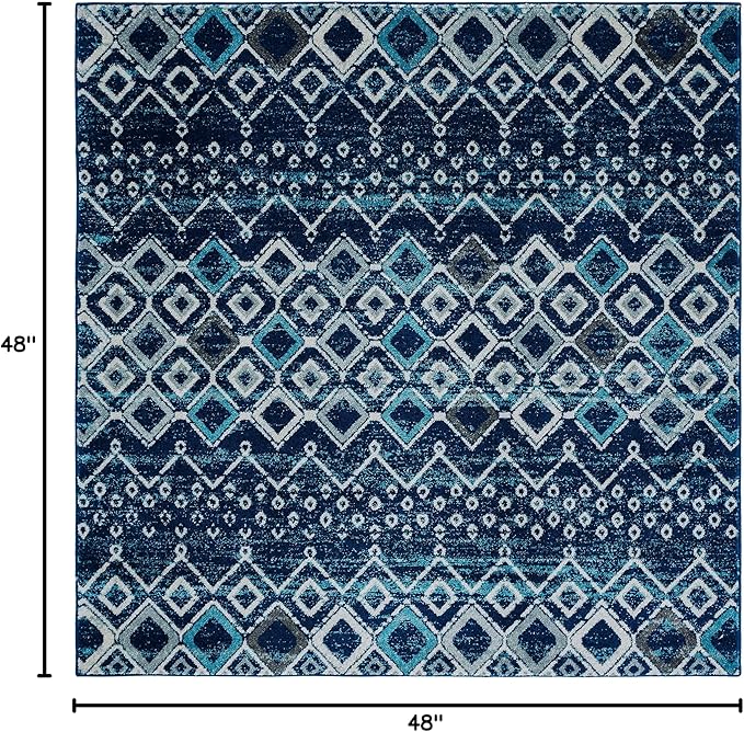 SAFAVIEH Amsterdam Collection Area Rug - 4' Square, Navy & Beige, Moroccan Boho Design, Non-Shedding & Easy Cleaning, Ideal for Living Room, Bedroom, Dining Space (AMS108N)