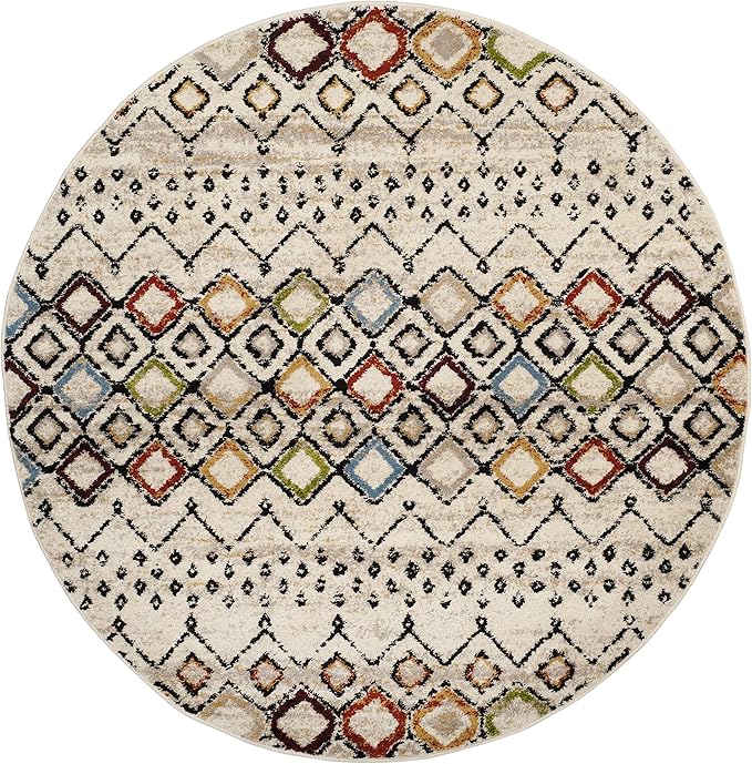 SAFAVIEH Amsterdam Collection Area Rug - 5'1" Round, Ivory & Multi, Moroccan Boho Design, Non-Shedding & Easy Care, Ideal for High Traffic Areas in Living Room, Bedroom (AMS108K)