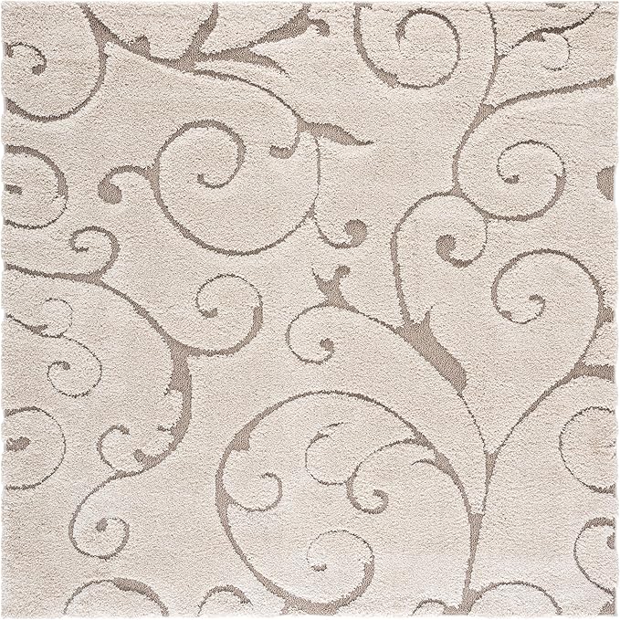SAFAVIEH Florida Shag Collection Area Rug - 6'7" Square, Cream & Beige, Scroll Design, Non-Shedding & Easy to Clean, High-Low Plush Pile, Ideal for Living Room, Bedroom, Dining Space (SG455-1113)