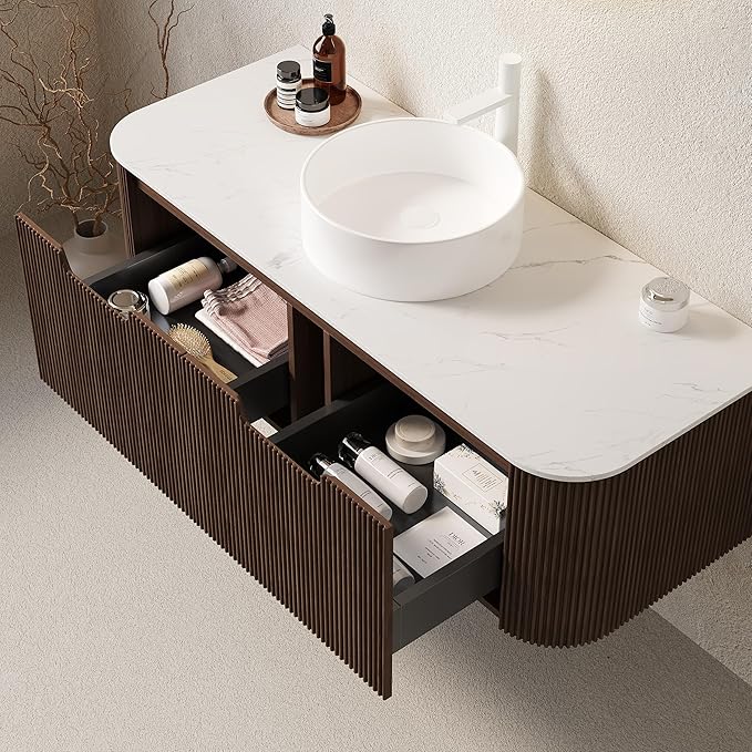 KEIKI 48" Floating Bathroom Vanity with Sink, Modern Wall Vanity Cabinet with Curved Edge Design, 2 Soft-Close Drawers & White Ceramic Vessel Basin, Pre-Assembled Bathroom Vanity, Walnut